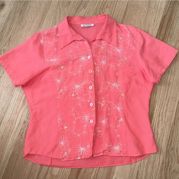 Vintage Ramie Linen Blend Embroidered Button Front Short Sleeve Blouse Shirt L - Picture 1 of 9